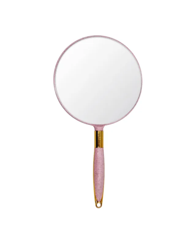 ESPEJO DE MANO CIRCULAR ROSADO CON DETALLES DORADOS (0419)