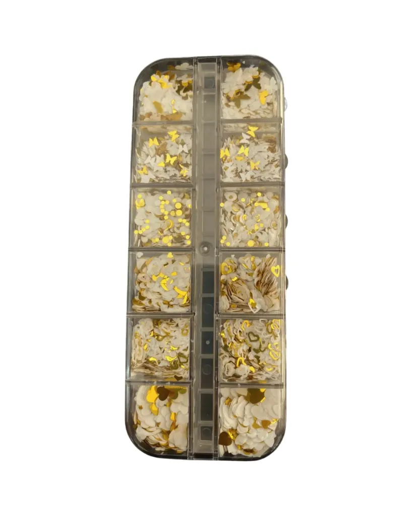 [TF0258 (BLANCO Y DORADO)] PASTILLERO LASER FLAKE BLANCO Y DORADO 12PCS (0258)